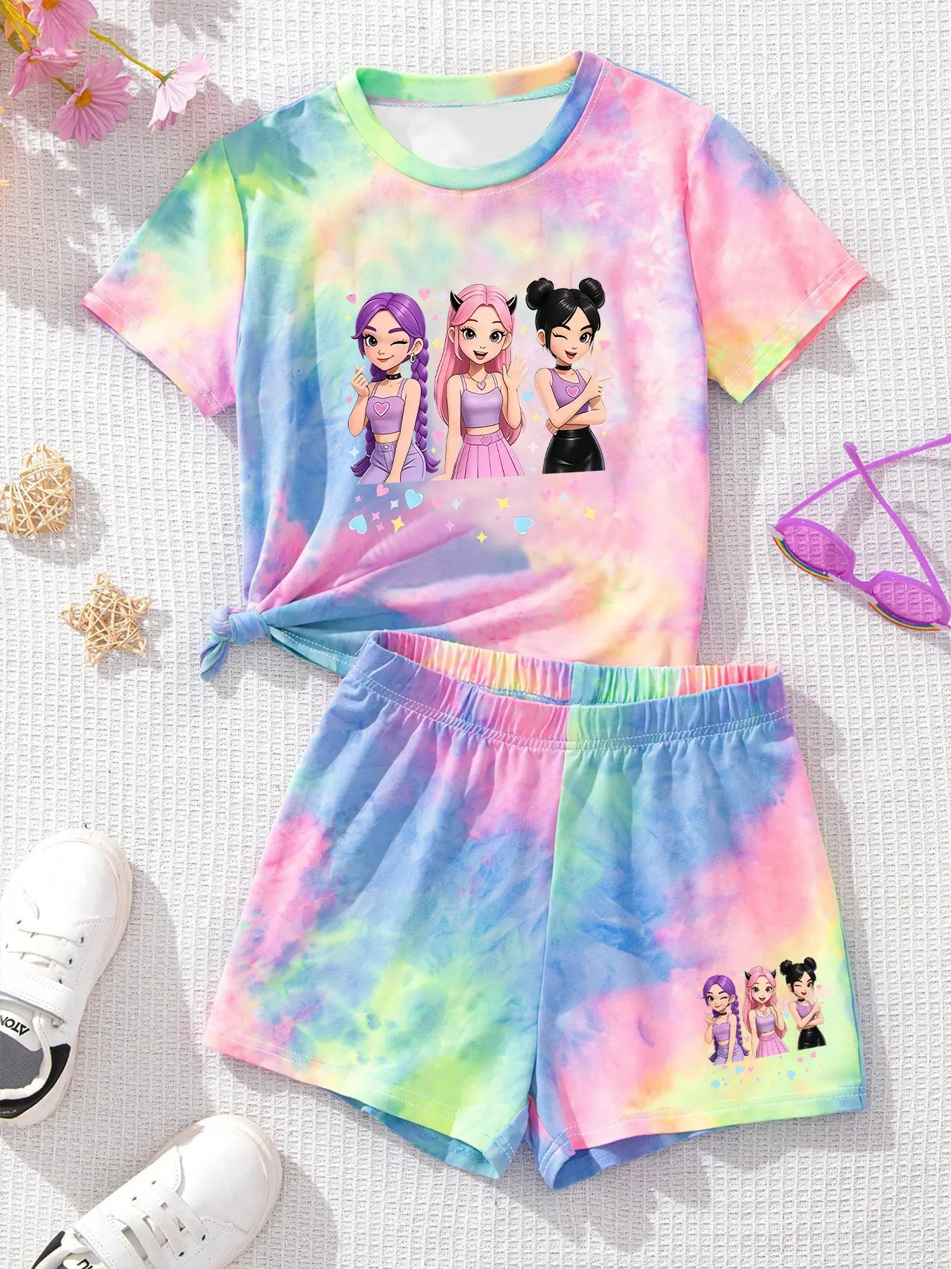 Girls' Boho Tie Dye Print Short Sleeve Top & Shorts Set, Summer Fashion Two-Piece Set, Loose-Fitting Kids Clothes, Casual Summer Outfit, Summer Clothing Set, Matching Set