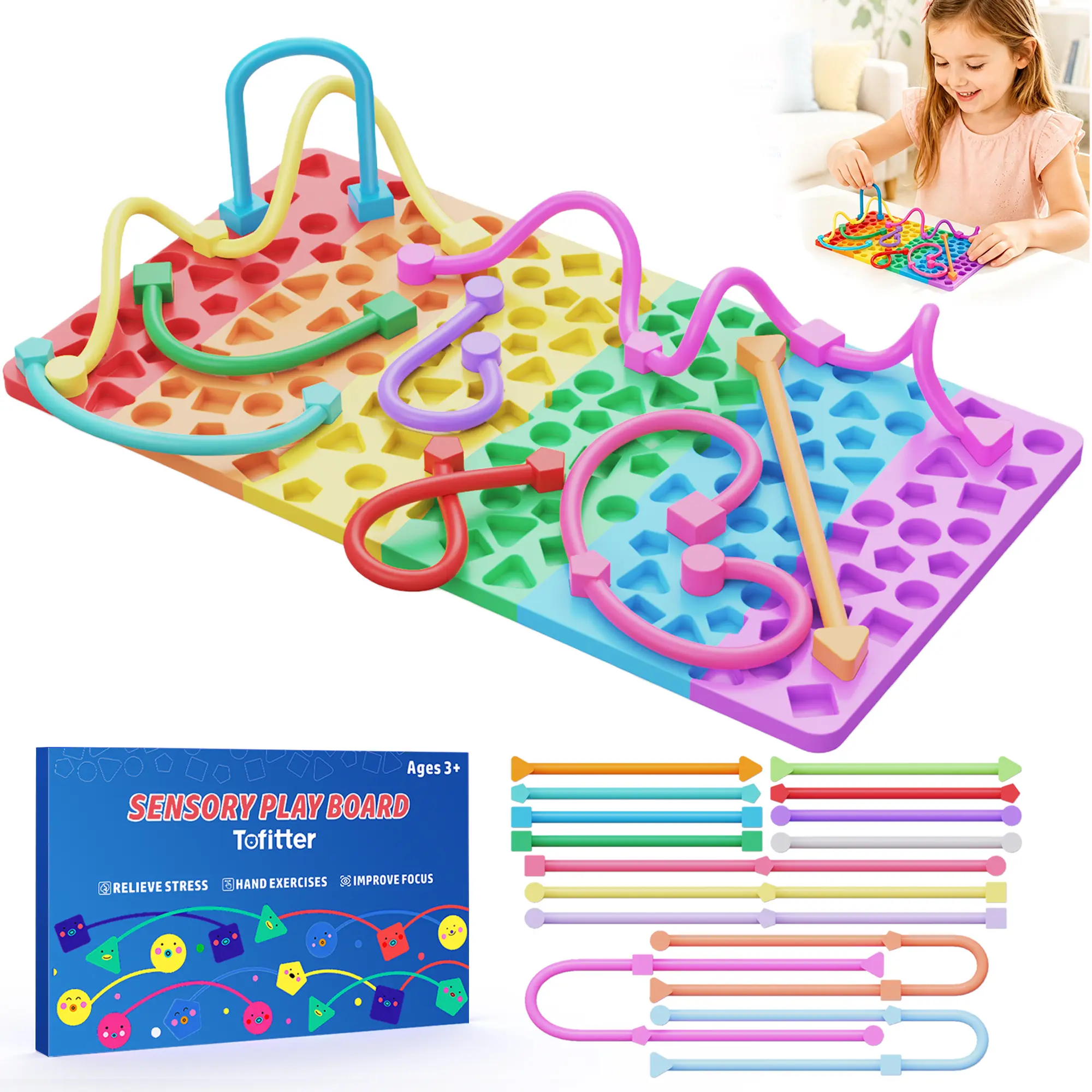 Soft Silicone Geometric Soft Sensory Fidget Board - BPA-Free Hand Fidget String Kit, Quiet Shape Matching Toy with Portable Bag, 14 Strings, Creative Patterns, Fine Motor Skill Development, ADHD Sensory Aid, Unisex Screen-Free Travel Busy Board