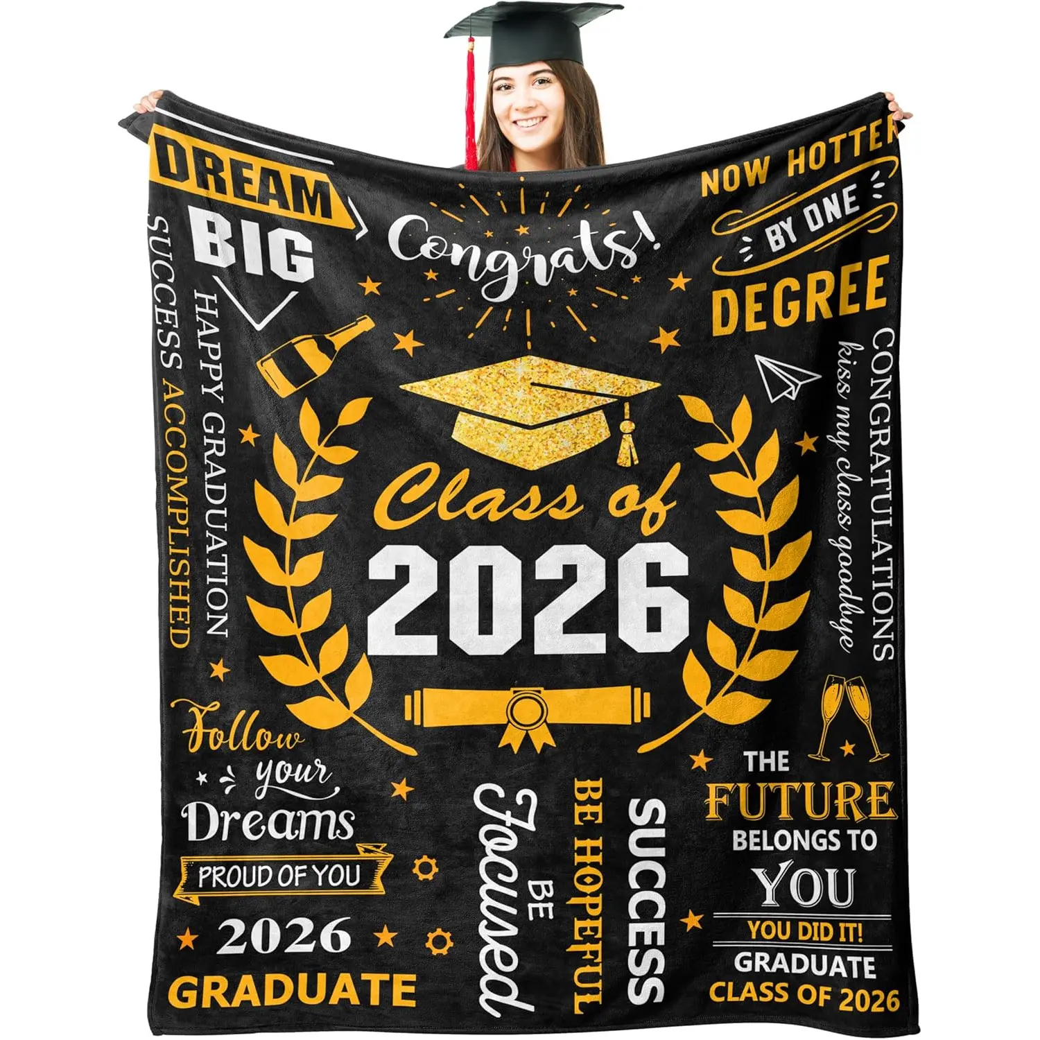 Cartoon Theme Class of 2026 Graduation Flannel Fleece Blanket - Soft Cozy Polyester Bedding Throw, Static-Resistant, Machine Washable, Low-Maintenance, Multi-Size for Couch/Bed, Ideal for High School Graduates, Soft Cozy Blanket
