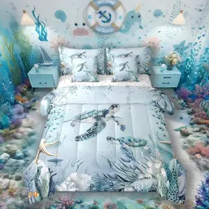 Sea Turtle Comforter Set,7 Piece Bed in a Bag,Teal Blue Ocean Beach Coastal Bedding Set,Starfish Octopus Tentacles Sheet Sets