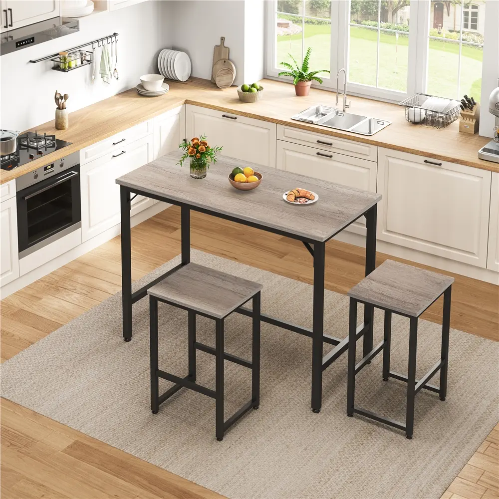 Yaheetech 1 Table & 2 Backless Adjustable Chair Set, Sturdy Rustic Industrial Wood & Particle Board Counter Height Bar Dining Room Furniture, 16" W×12" D×25.5" H Gray Indoor Set for Apartment Small Space Entertaining