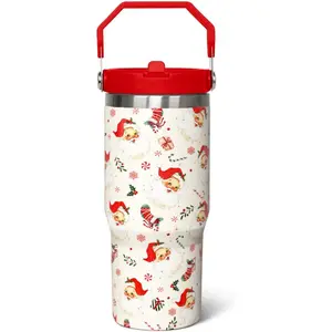 30oz Santa Print 18/8 Stainless Steel Insulated Travel Tumbler Mug - Kitchenware Drinkware, Portable Water Bottle with Lid & Straw, Santa Theme Flask for Women, Christmas Decor & Gift Beverage Container