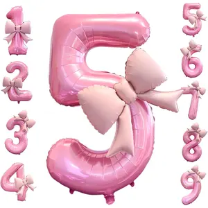 40 Inch Number 5 Balloon  with Bow - Large Foil Mylar 5th Birthday Balloons for Girls Party Decorations Supplies, Big Five Balloon for 5 Year Old
