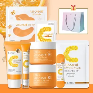 LAIKOU Vitamin C Day and Night  Care Kit, 9-In-1 Brightening Skin Solution with Cleanser, Triple-Roller Eye Cream, Day & Night Moisturizer, Sleep Mask, Clay Mask, Hydrating Mask, Lip Mask, Hydrating & Brightening Daily Routine for Dull Skin & Uneven Tone