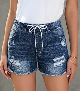 Women's Mid-Waisted Destroyed Stretchy Jean Shorts - Frayed Raw Hem, Drawstring, Casual Denim Bottoms | Womenswear, Bottom