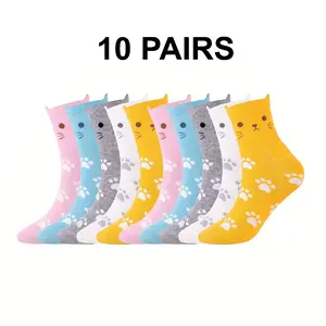 Women's 10-Pair Lady Character-Inspired Cartoon Cat Knitted Round Neck Ankle Socks, Extra-Thick, Soft, Smooth, Flat, Breathable Bundle Ankle Socks for Casual Daily Wear