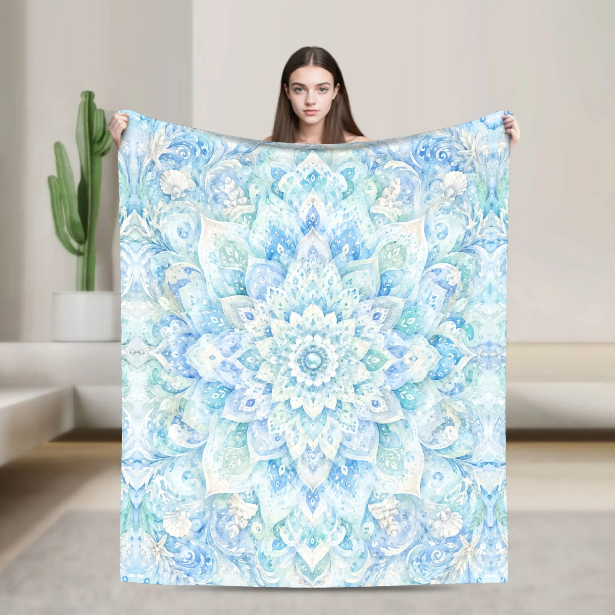 Unisex Ocean Mandala Soft Flannel Fleece Throw Blanket - Watercolor Blue Seashell, Starfish, Coral, Pearl Print, All Seasons Camping Sleeping Gear for Couch, Room & Whimsical Home Decor, Anti-Shedding, High-Density Weave, Room Decor, Cozy Look, Anti-Pilli