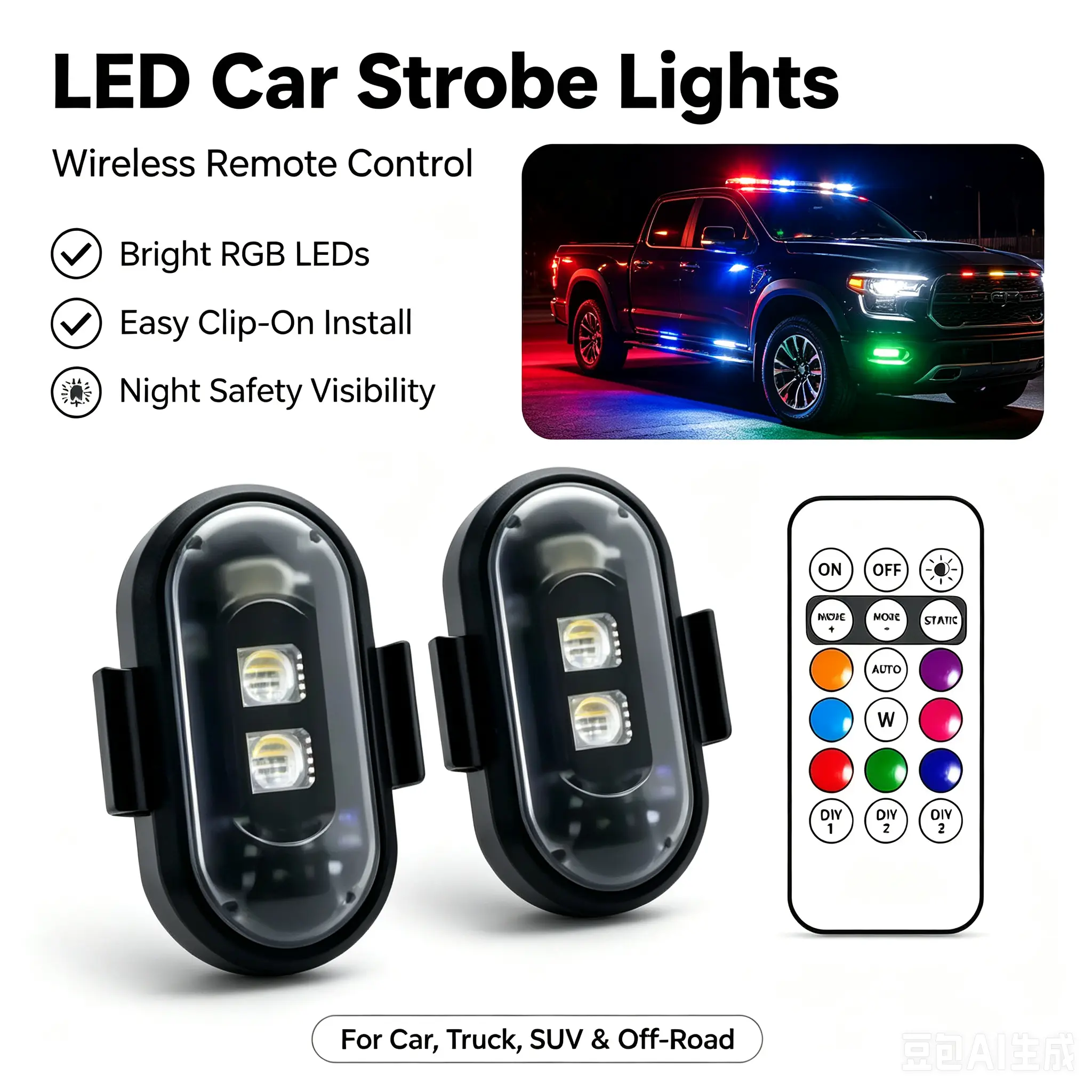 RGB Led Aircraft Strobe Light with remote control (sets of 2/4/6/8), Wireless USB rechargeable, high brightness; suitable for cars,  bicycles, and small motorcycles.
