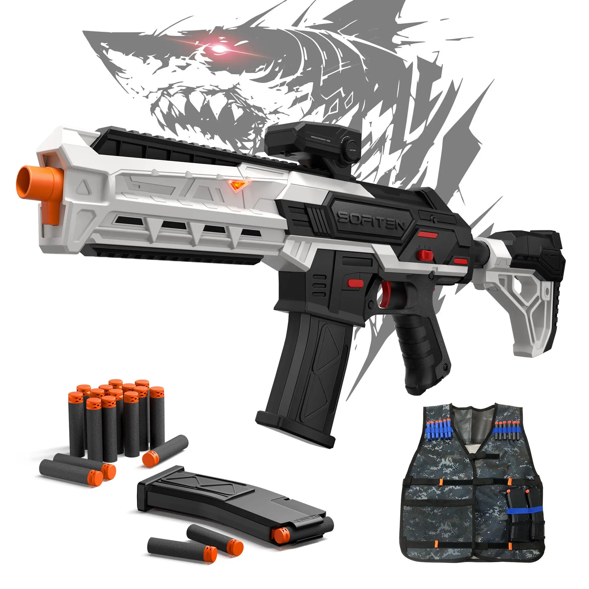SOFITEN Aegis Series Toy Gun Automatic Sniper Rifle with Foldable Scope, Tactical Vest, Flashlight, Grip, Electric Toy Foam Blaster Soft Dart Bullets, Indoor Outdoor Play Team Gifts for Boys Birthday Xmas