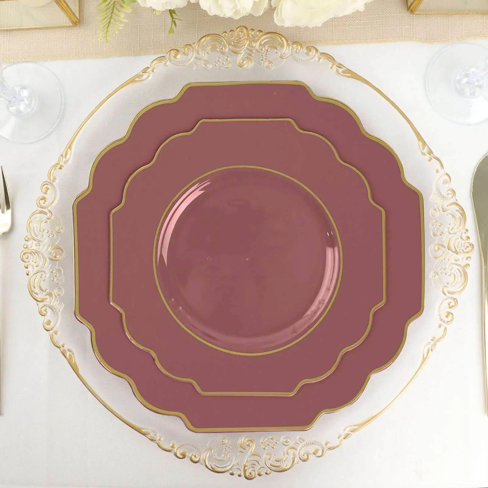 10-Pack Elegant Plastic Party Plates - 8" Cinnamon Rose Baroque Design with Scalloped Gold Rim, Heavy Duty Disposable Dinnerware for Wedding, Baby Shower Luncheon, Salad & Dessert Appetizer Use