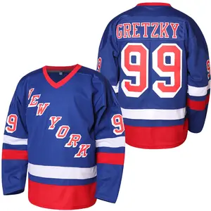 Men's #99 Vintage 90s Blue Polyester Lace Up Air Knit Hockey Jersey Retro Sports Uniform Breathable Comfortable Game Day Wear for Hockey Fans