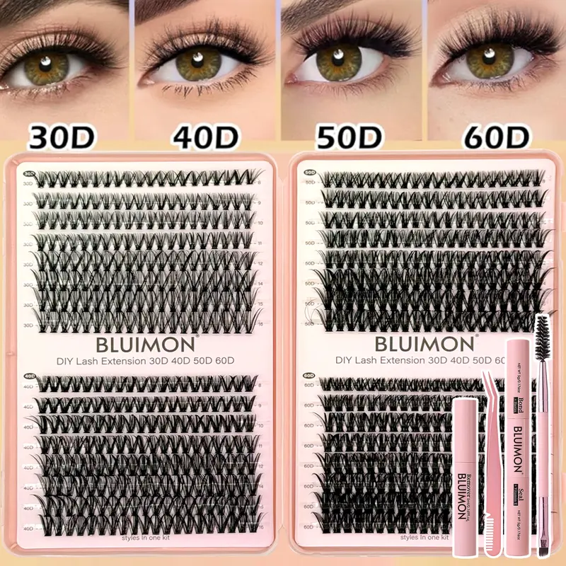 640 Pcs Volume Cluster Lashes Kit - D-Curl Natural Curl Cosmetic Lash Extension (8-16mm Wispy Thick Fibers) with Waterproof Bond, Seal, Applicator, DIY Kit for Adults