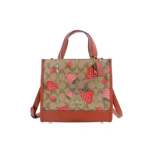 COACH Dempsey 22 Strawberry Print Leather Tote Bag for Women in Red with Brown Monogram
