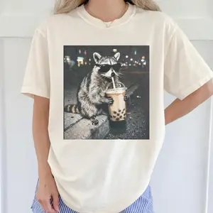 Raccoon drinking milk tea shirt, funny gen z meme tee, trendy graphic shirt, casual outfit, mothers day gift idea for mom