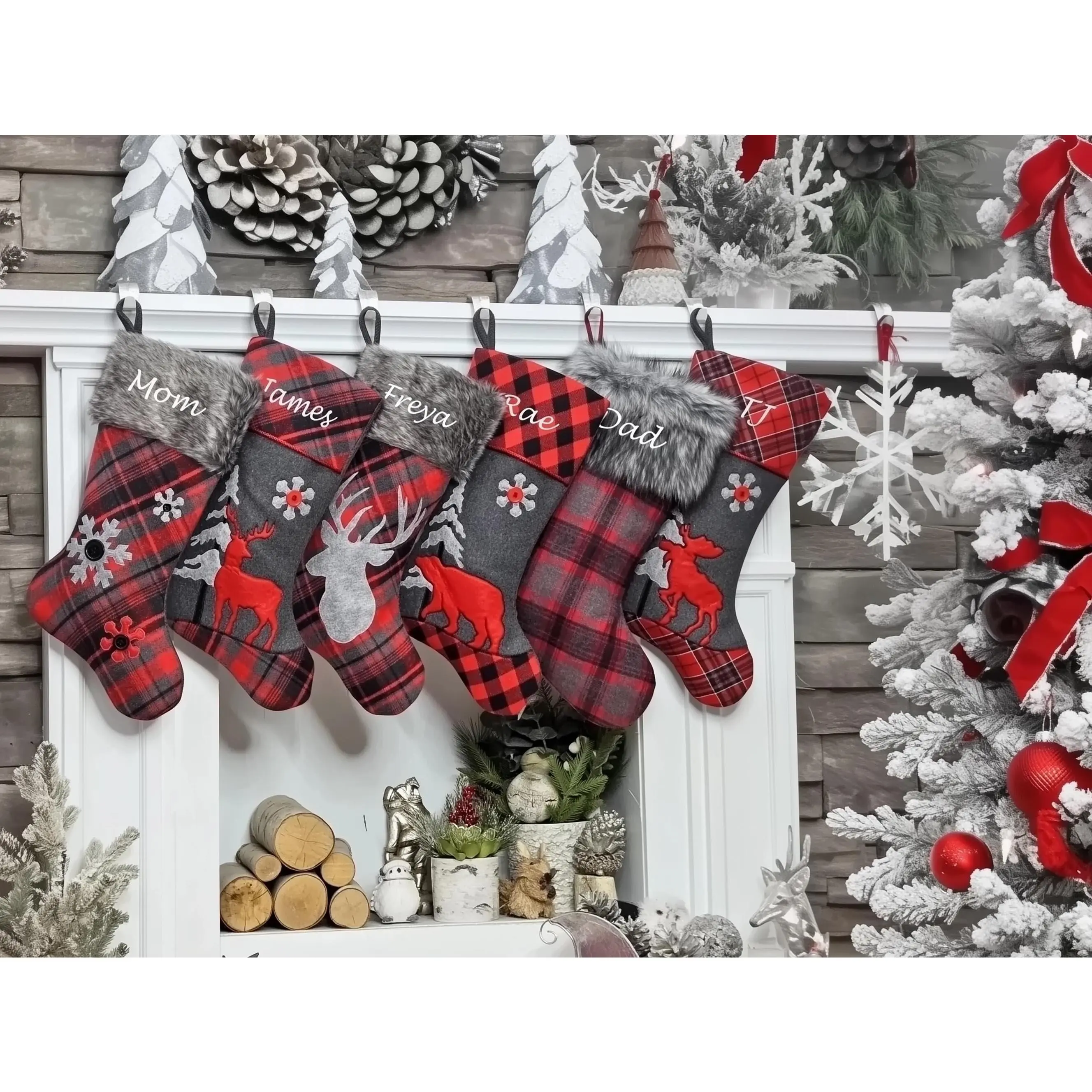 Buffalo Check Plaid Christmas Stockings - Red Black Grey with Faux Fur - Personalized