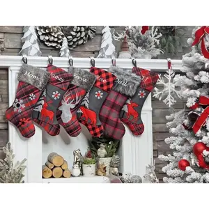 Buffalo Check Plaid Christmas Stockings - Red Black Grey with Faux Fur - Personalized