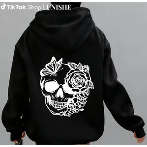 Black & White Skull and Rose Hoodie for Women – Gothic Floral Print, Loose Fit Casual Sweatshirt