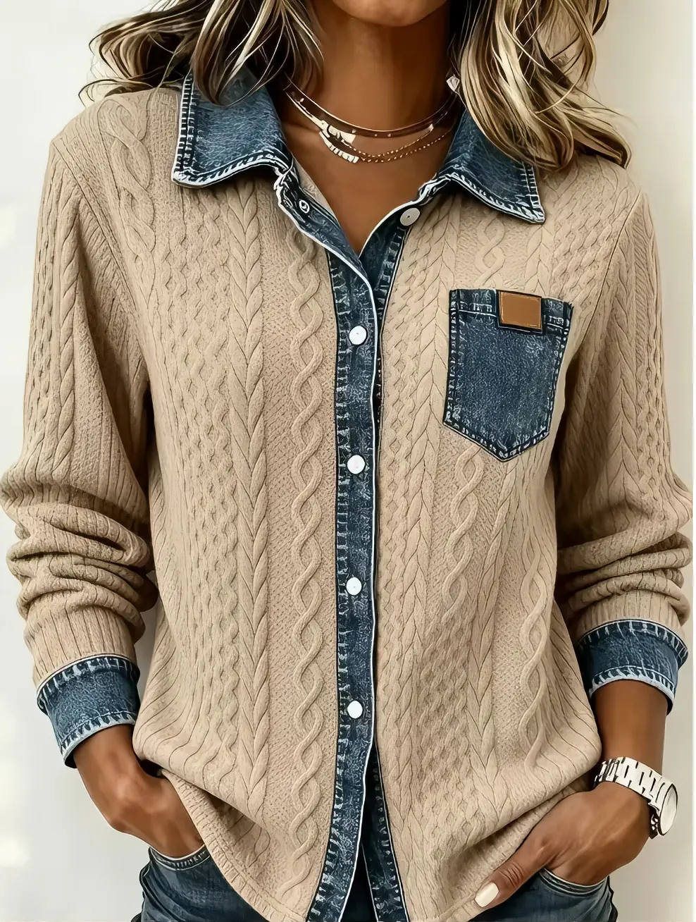 Autumn Women's (Faux Denim) Patchwork Jacquard Sweatshirt Cardigan Long Sleeve Top