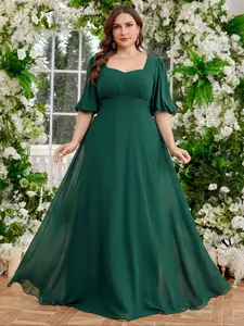 Elegant Plus Size Women's Dress, Heart Neckline Bubble Sleeves, Waist Cinching Maid of Honor Gown, Recycled Fabric, Party Wear