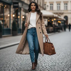 Women's Solid Color Lapel Long Sleeve Woolen Coat - Double Buttoned Long Line Overcoat for Fall Winter Season Casual Fashion Outerwear Perfect for Daily Wear Office Work Shopping Outfits Ladies Clothing GiftgB57