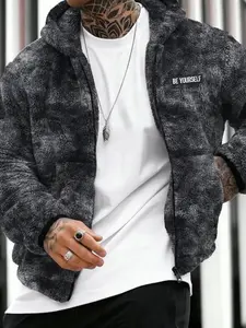 Trendy Comfortable Lamb Fur Hooded Jacket, Faux Fur Body, 'be Yourself' Patch, Loose Fit, Warm Soft Material, Men's Casual Outerwear