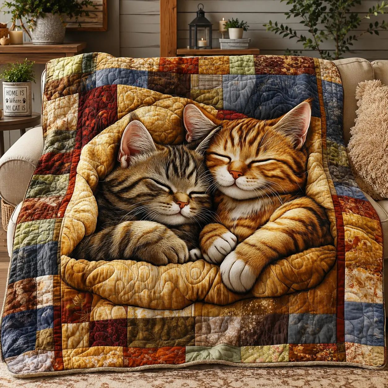 Cozy Sleeping Cats Flannel Fleece Blanket, Cute Tabby Cat Throw Blanket, Rustic Patchwork Style Cat Lover Gift