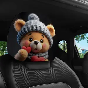 A pair of knitted bear-themed heart-patterned car headrest covers, Car Accessory, featuring a double-sided printed design. These unique decorations add fun to your car interior and are easy to clean.