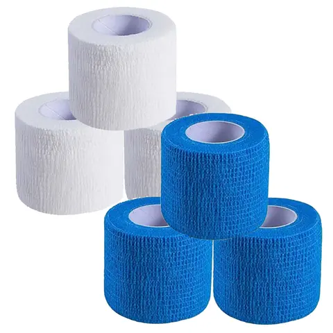 NELLHOMY Self Adhesive Bandage Wrap Cohesive Athletic Tape 2in x 5yd, 6 Rolls (3 White, 3 Blue) - Self-Stick, Non-Slip Compression for Wrist Ankle Elbow Knee, Sports, Running, Cycling, Yoga, Pets