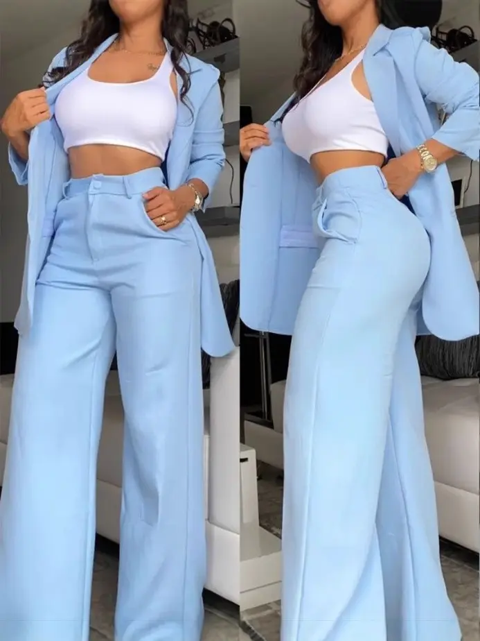 Women’s Light Blue 2 Piece Suit Set Casual Chic Blazer and Wide Leg Pants Outfit for Office Work, Business Meetings, Brunch, Vacation & Everyday Elegant Wear