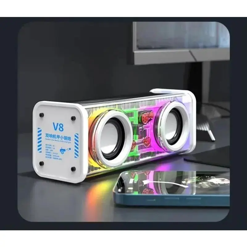 Portable Wireless V8 Transparent Mecha 10W Bluetooth 5.0 Bass Speaker - Colorful RGB Lights, Double Bass Diaphragm, TWS Connectivity, Mobile Charging, Auxiliary Input, Surround Sound, Batteries Included for Mini Parties, Bass Speakers