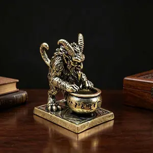 Vintage Brass Devil Horn Monster Statue, Gothic Desk Decor, Mystery Vase Sculpture, Creative Tea Pet, European Dark Style Office Decoration
