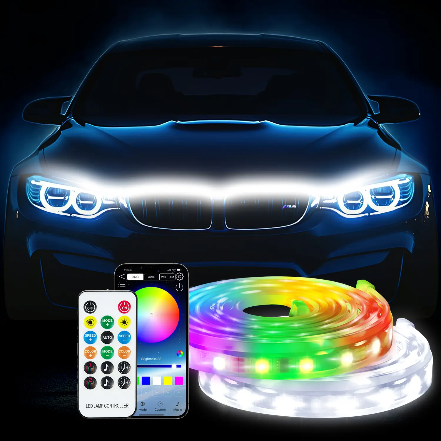 This Hill Car Hood Light Led Strip - RGB Waterproof Multicolor Dynamic Scan Start Up Hoodbeam Kit - 12V APP Control DRL Daytime Running Lights for Car