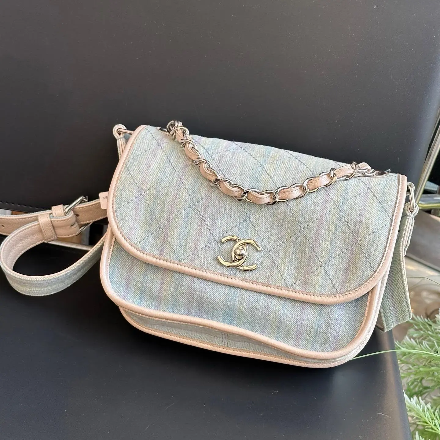 Pre-owned CHANEL Runway Piece, Rainbow Gradient Denim Saddle Messenger Bag, Silver Hardware 2603944