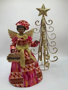 African Angel Tree Topper - Handcrafted 14 1/2 Inch Angel with Ankara Metallic Pink and Gold for Christmas, Kwanzaa and More