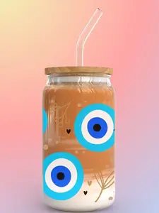 16oz Libbey Glass Cup Evil Eye UV DTF With Bamboo and Straw Included