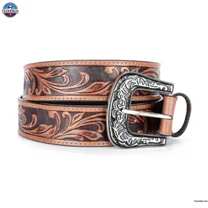 Resistance Women's Cowgirl Cowboy Country Belt  With Floral Embossed Brown-dark/Brown Floral Silver Buckle