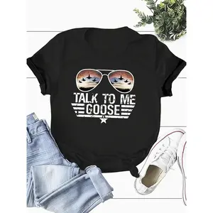 180g Black Cotton Crew Neck Short Sleeve Graphic Tee - 'Talk to Me Goose' Print Aviator Sunglasses Top Gun Inspired Jet Design Women's Casual T-Shirt for Summer Comfort, Soft & Breathable Trendy Fashion