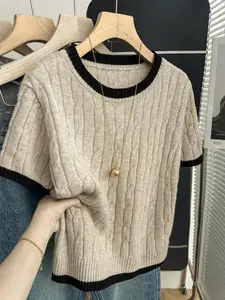 Spring Summer Striped Short Sleeve Knit Top, Fashionable Versatile Casual Loose Pullover, Simple Style Sweater for Women, Womenswear, Knitwear