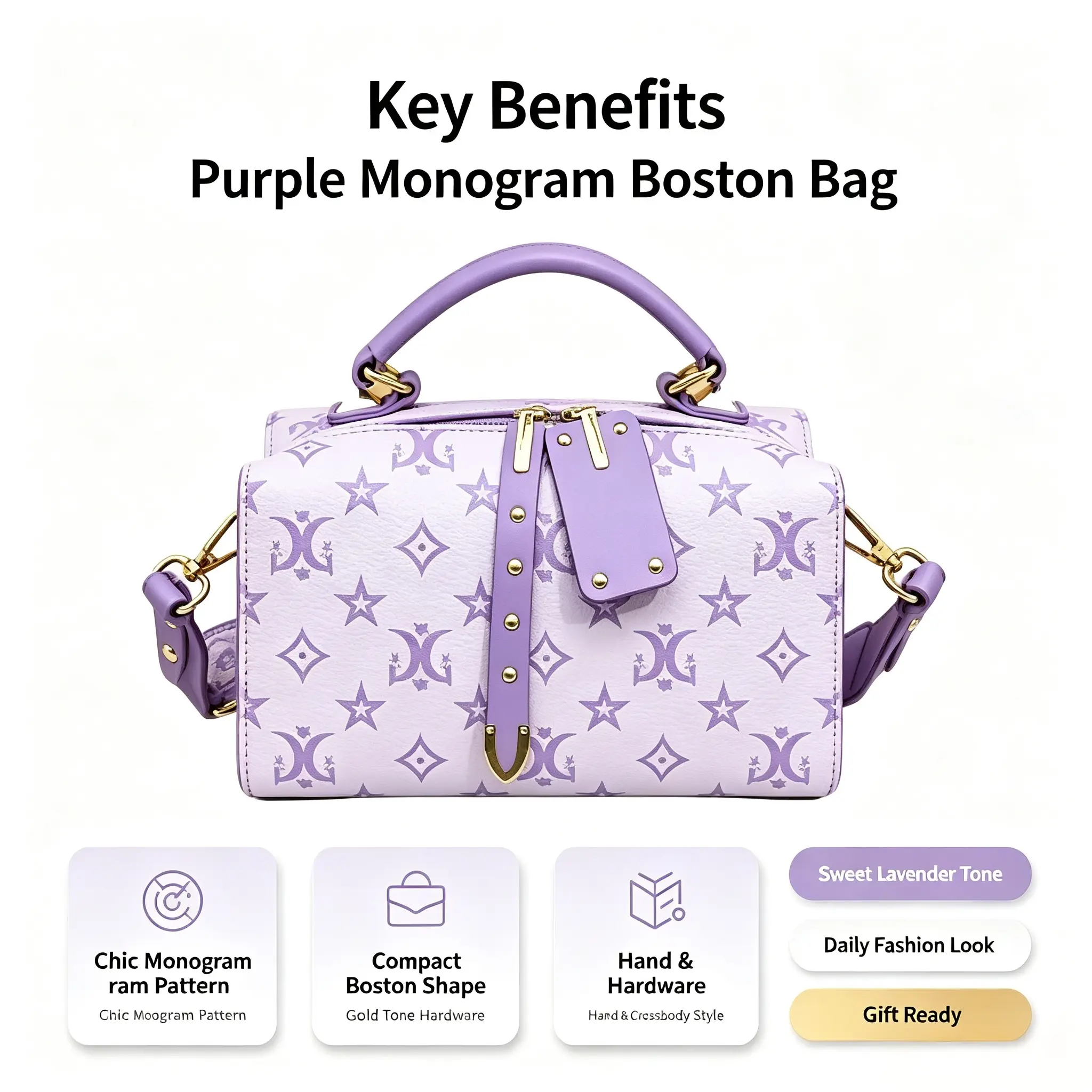 Embossed Boston Bag for Women, Korean Cute Purple Crossbody with Zip Buckle, Light Luxury Multi-Use Evening Handbag, Plain, Compact, Gifts For Women, Crossbody Bags For Women
