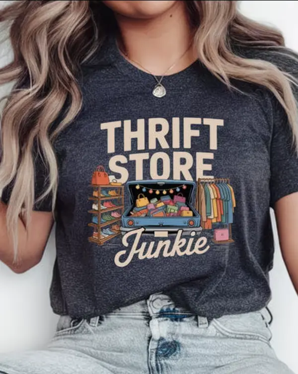 Thrift Store Junkie Vintage Retro Truck Print Dark Heather Crew Neck Casual Short Sleeve Thrift Lover Graphic T-Shirt