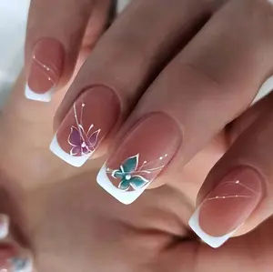 Butterfly French Flair Press On Nails | CurvLife Nail | 24pcs Medium Square Fake Nails | Glossy Finish with Butterfly Motifs | Easy to Apply, Comfortable & Long-Lasting | Ideal for Garden Fêtes, Fairy Parties, Outdoor Events & Spring Days