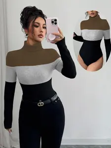 Women's High Neck Long Sleeve Tight-Fitting Jumpsuit, Colorblock Ribbed Patchwork Design, Fall Winter Chic Fashion, Comfortable One-Piece Bodysuit