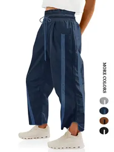 Women's Loose Wide-Leg Pants, Casual Drawstring Elastic Waist Colorblock Sportswear, Fashion Y2K Nine-Quarter Pants, All Seasons
