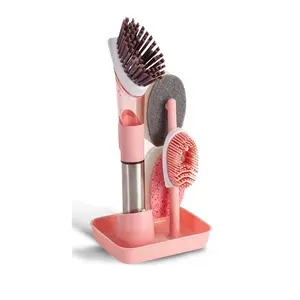 Soap Dispensing Dish Brush Set, 4 Counts/set Including Brush & Replaceable Brush Heads, Convenient Storage Holder for Deeply Clean Sinks, Pots, Pans & Dishes