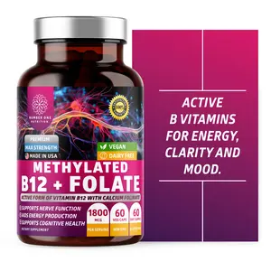 Number One Nutrition Premium Methylated B12 + Folate Supplement for Energy, Cognition and Nerve Support, 60 Vegan Capsules, Non-GMO and Gluten-Free