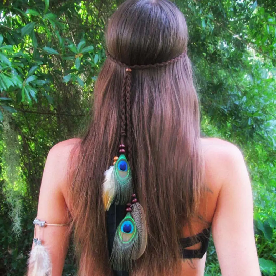 Boho  Headbands Peacoak Headpieces Festival Indian Headband Hippie Accessories for Women (Brown)