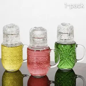 Vintage Embossed Thickened Reusable Glass Pitcher and Cup Set with Handle, 1-Piece Bedside Water Carafe with Matching Lid Cup, BPA Free Lead Free Leak Proof, Dishwasher Safe for Hot Cold Drinks Juice Tea Coffee, Bedroom Nightstand Kitchen Daily Use