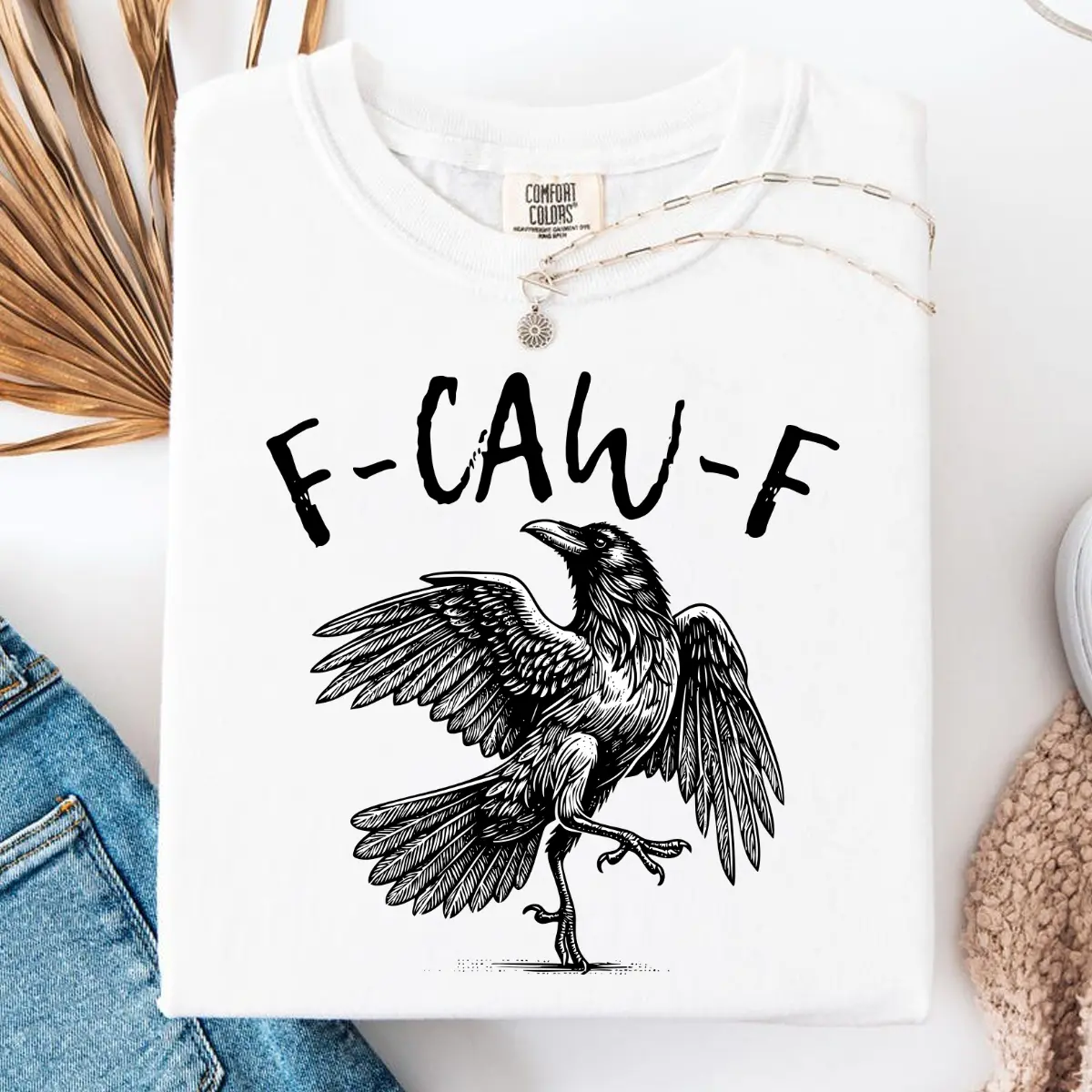 BOLDGUY F-CAW-F Men's Cotton Round Neck Pullover T-Shirt, Funny Crow Pun Retro Garment, Halloween Lover Gift, Dark Academia Gothic Birding Graphic, Smooth Fit Short-Sleeve Basic Streetwear Top, Print, Soft, Tshirt, Casual