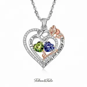 S925 Sterling Silver Double Heart Rose Pendant Necklace, 12 Birthstone Color-Blocked Heart Necklace, Romantic Sterling Silver Women's Jewelry, Suitable for Birthdays, Valentine's Day, Mother's Day, Christmas, a Gift for Your Girlfriend or Mother