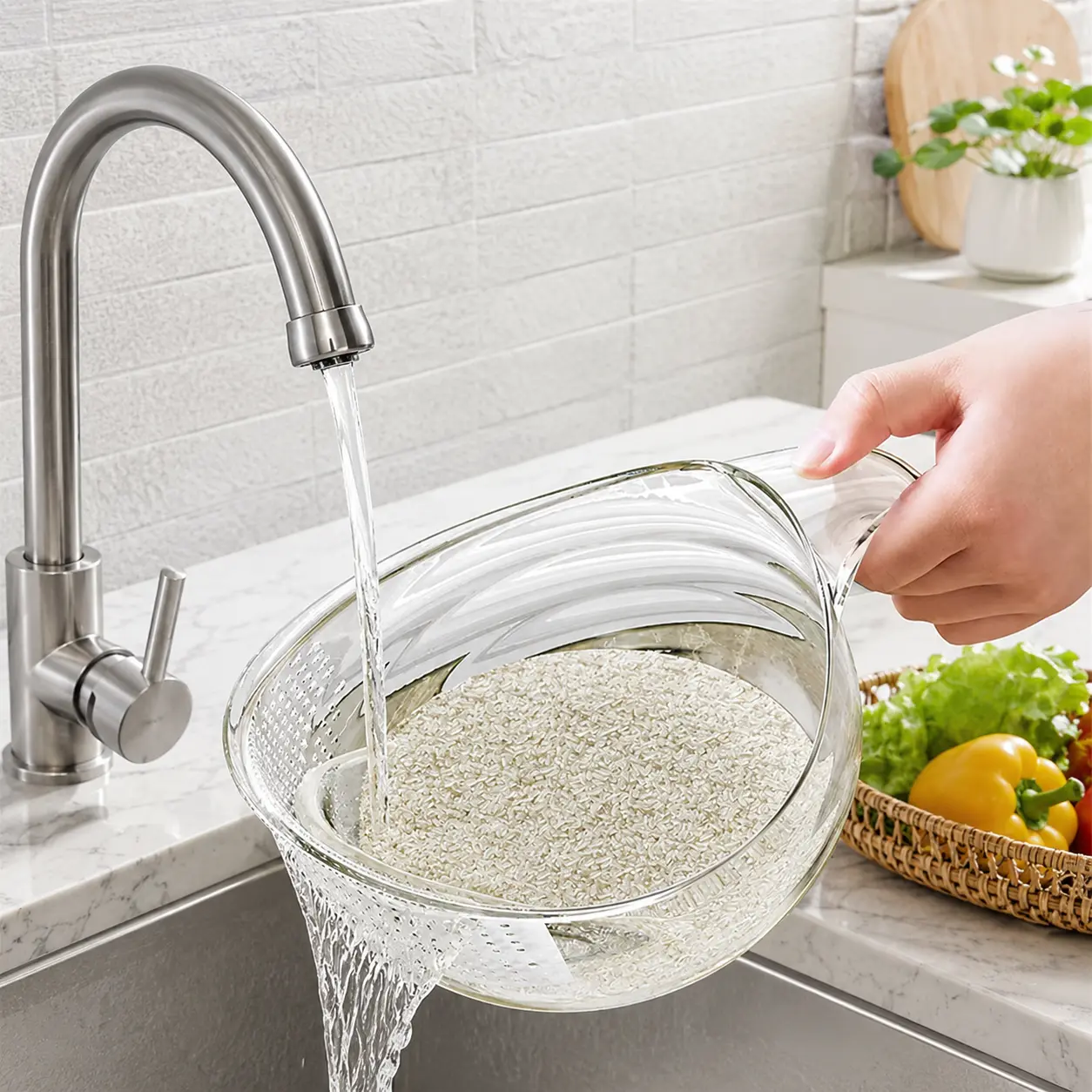 Aesthetic Silicone Handle Rice Strainer - 9.61" L * 3.28" W * 4.26" H Sturdy BPA-Free Transparent Plastic Kitchen Utensil, Daily Cooking Water Draining & Self-Draining Sieves and Colanders for Vegetables, Water Draining Sieves And Colanders